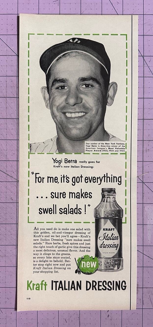 1956 Kraft Italian Dressing Yogi Berra New York Yankees Photo Print Ad